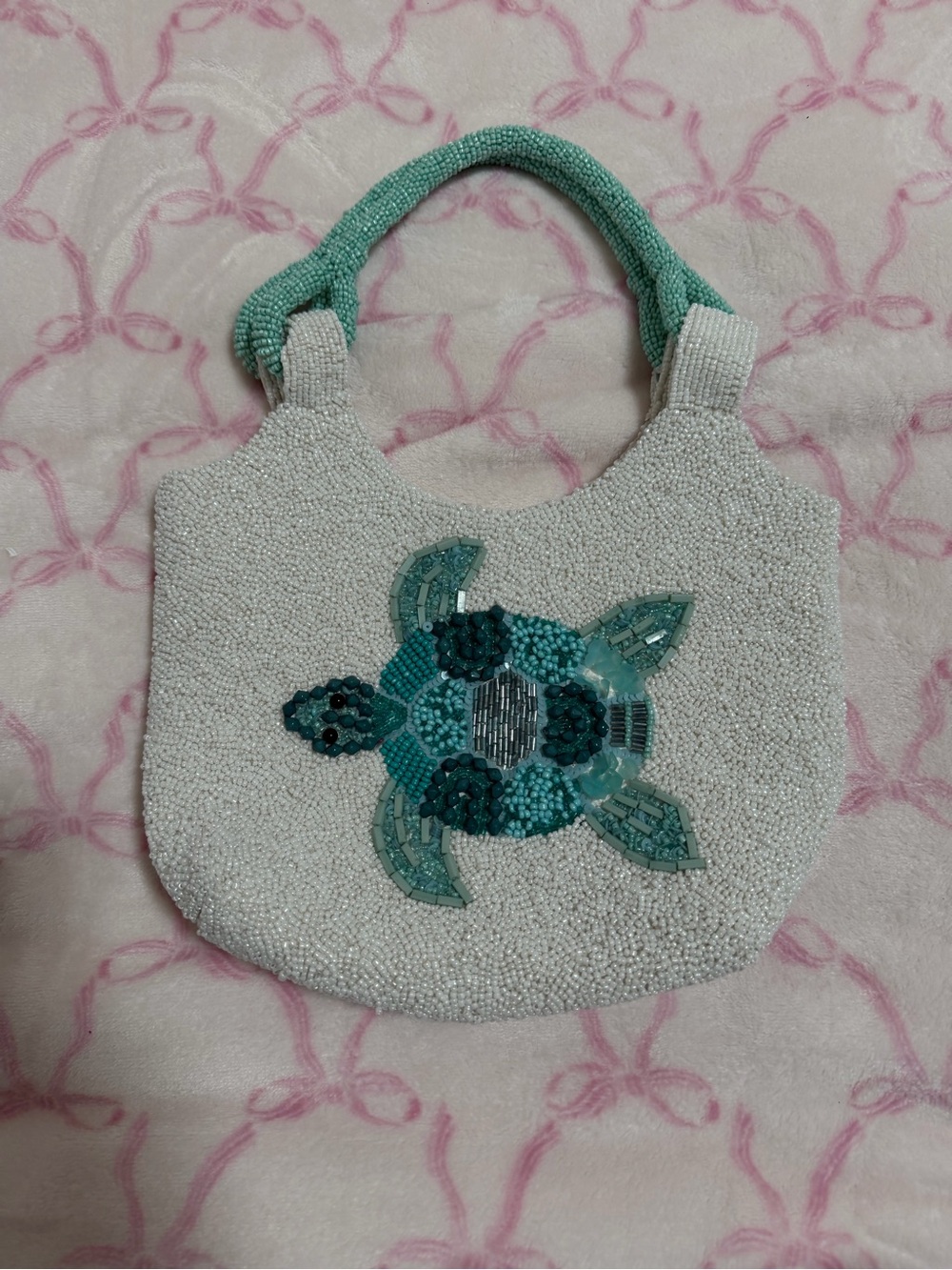 Beaded Turtle Accent Tote - White and Teal
